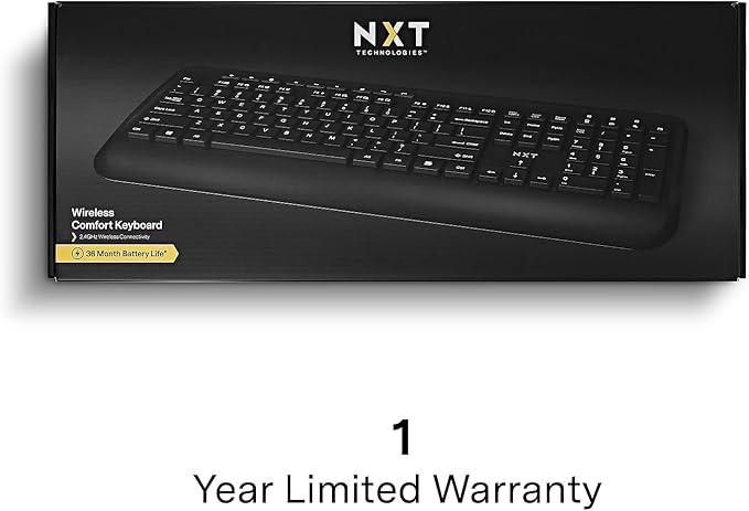 NXT Technologies Wireless Comfort Keyboard, Full‑Size with Wrist Rest, USB Receiver for PC and Laptop, Black