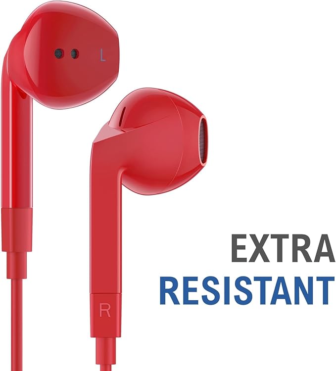 LUDOS FEROX Wired Earbuds in-Ear Headphones, 5 Year Warranty, Earphones with Microphone, Noise Isolation Corded for 3.5mm Jack Ear Buds for iPhone, Samsung, Laptop, Kids, School Students - Red