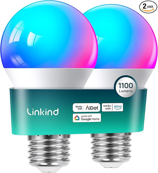 Linkind Smart Light Bulbs, 1100LM (75W Equivalent) Smart Bulb, Work with Alexa & Google Home, RGBTW Color Changing Bulbs Music Sync, 2.4GHz Wi-Fi & Bluetooth, LED Alexa Light Bulbs 11W, A19 E26, 2Pack