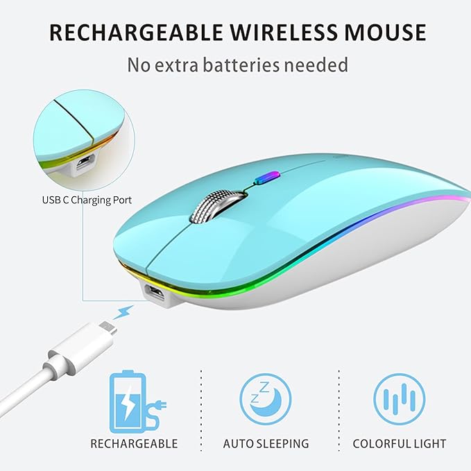 Uiosmuph LED Wireless Mouse, G12 Slim Rechargeable Silent Mouse, 2.4G Portable USB Optical Wireless Computer Mice with USB Receiver and Type C Adapter (Blue)