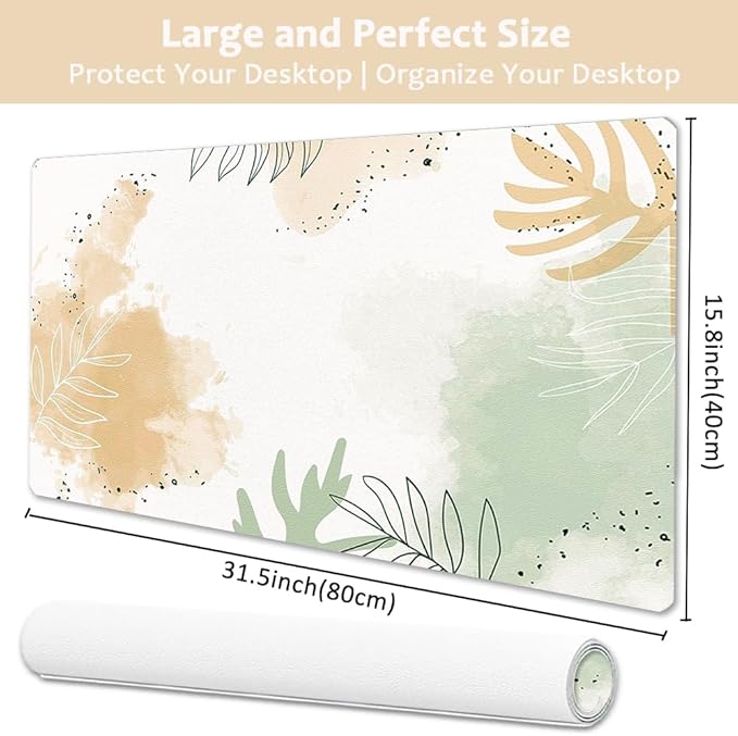 Large Mouse Pad, Desk Mat for Desktop, Dual Side PU Leather Waterproof Gaming Mousepad Desk Pad, Desk Protector Writing Pads Desk Accessories for Office and Home (E-Watercolor Plants, 31.5''X15.8'')