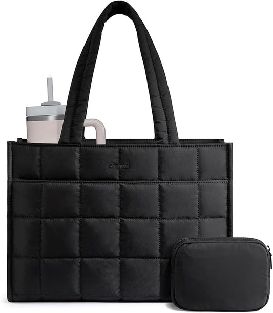 LOVEVOOK Tote Bag for Women, Puffer Work Handbag 17 Inch Laptop Purse for Nurse Teacher, Large Quilted Travel Tote Shoulder Bag with Zipper for College Office Clinical Gym, Black