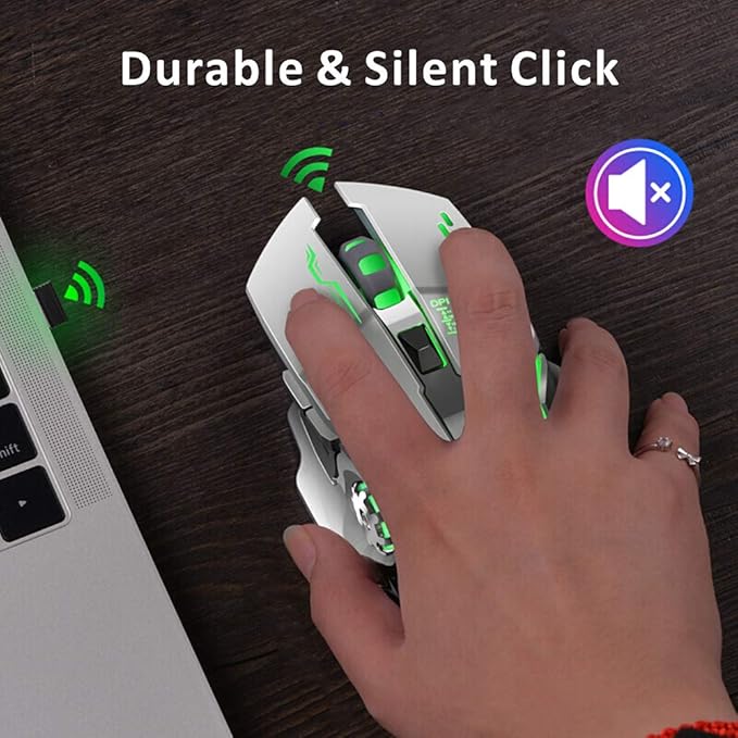 Uciefy Q85 Rechargeable Wireless Gaming Mouse, 2.4G LED Optical Silent Wireless Computer Mouse with 4 LED Light, 3 Adjustable DPI, Ergonomic Design, Auto Sleeping (Silver)