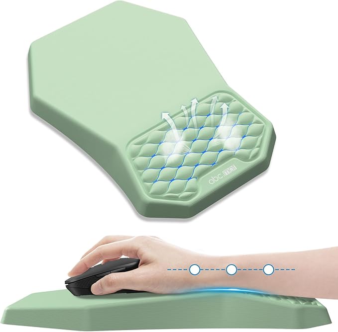 Ergonomic Mouse Pad Wrist Rest Support, Massage Design Surface for Carpal Tunnel Pain Relief, Memory Foam, Non-Slip PU Base for Computer Desk, Green