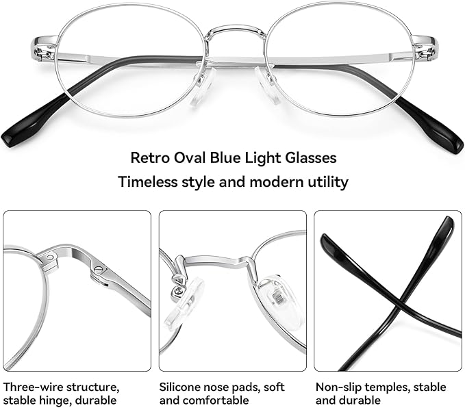 Dollger Oval Blue Light Glasses for Women Retro Anti Bluelight Blocker Glasses Men for Computer Small Metal Frame Eyeglasses