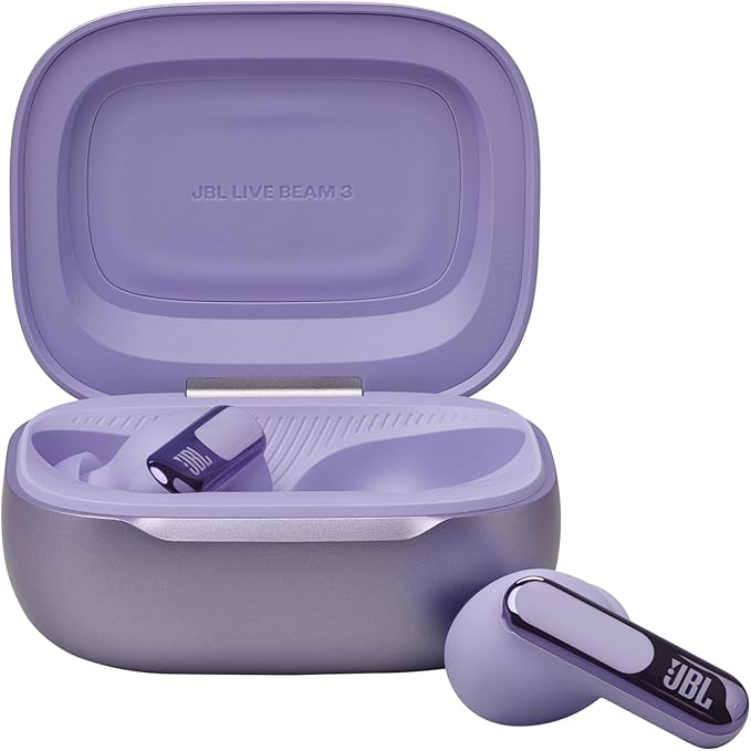 JBL Live Beam 3 - True wireless noise-cancelling stick-closed earbuds, 48Hrs total playback, Wireless Charging, 6 Mics for perfect calls, Multi-point connection, IP55 waterproof and dustproof (Purple)