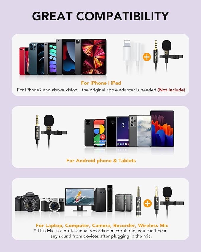 PoP voice Professional Lavalier Lapel Microphone 3.5mm, 14.7FT Compatible with DJI Mic/Rode Wireless GO Transmitters for Smartphone Camera,Mini Mic for YouTube,Interview,Video,Broadcast