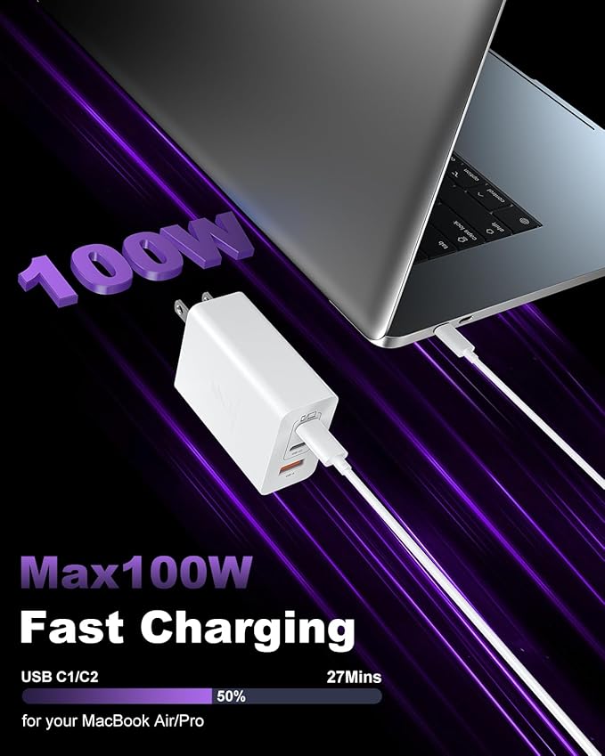 USB C Charger Block 100W, 3-Port GaN Super Fast Phone Charger, Type C 65W Laptop Chargers with 10ft USB C Charging Cable for MacBook Pro/Air,iPad Pro, iPhone 17/16/15Pro, S26 Ultra/S25/S24[2 Pack]