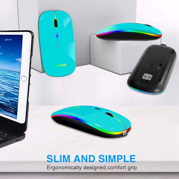 Wireless Bluetooth Mouse for Laptop, Rechargeable Mouse 2.4G USB Optical Wireless Mouse, LED Slim Dual Mode(Bluetooth 5.0 and 2.4G) Wireless for Laptop, PC, Mac OS, Android, Windows (Seafoam)