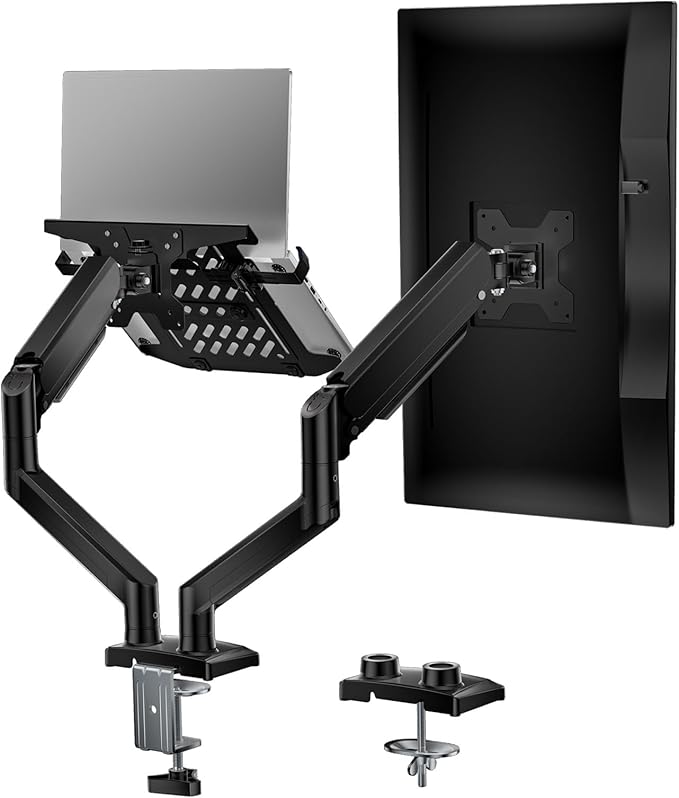 WALI Laptop Desk Mount, Dual Monitor Arm with Laptop Holder, Adjustable Height Laptop Arm Mount for Desk, Fits 17” Notebook and 32” Monitors, Up to 22Lbs (GSMP002LP), Black