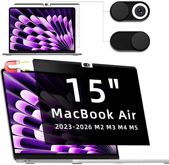 IPROKKO Magnetic Privacy Screen Protector Compatible with MacBook Air 15 Inch (2023-2026, M2 M3 M4 M5) - A2941 A3114 A3241 A3448 , Removable Matte Anti Glare Blue Light Spy Filter for Mac Air 15.3" Laptop