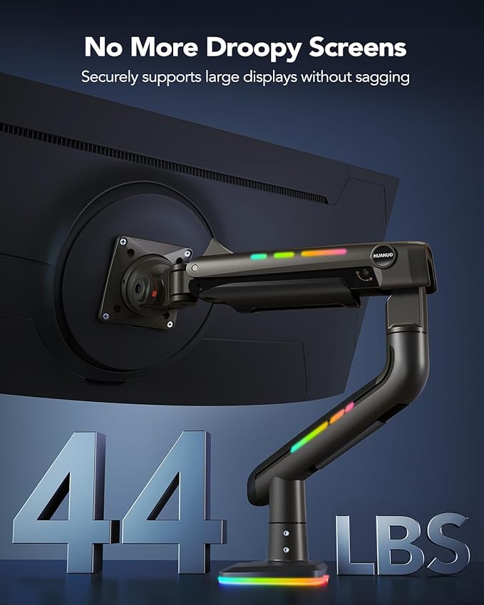 HUANUO TitanLift Monitor Arm for Ultrawide Screens up to 49″, Heavy-Duty Single Mount Holds 44 lbs, Fully Adjustable Gaming Monitor Arm with C-Clamp & Grommet Base, Max VESA 100 x 100mm, RGB