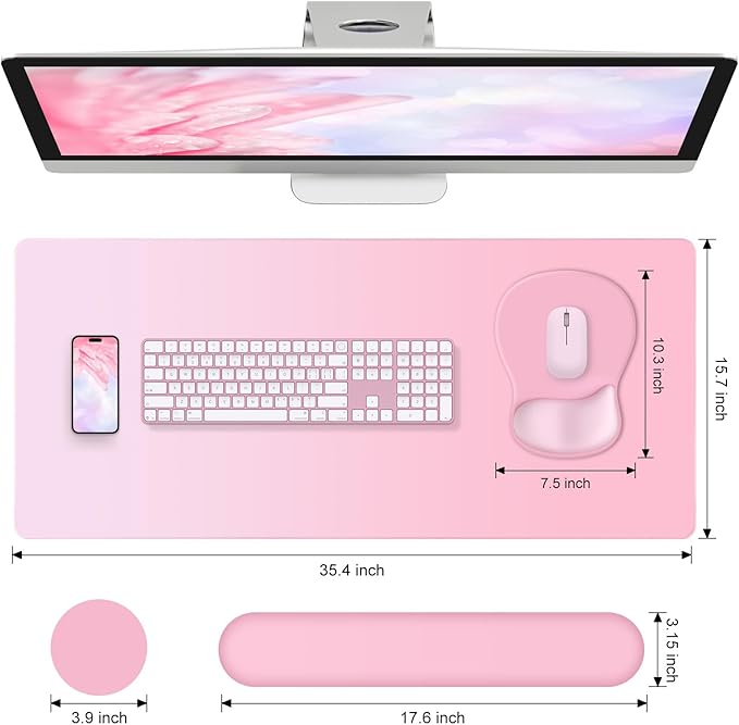 4-in-1 Large Gaming Mouse Pad, Keyboard Wrist Rest Pad & Wrist Support Mousepad Set, Extended Desk Pad Waterproof Desk Mat for Girl Women Home Office Decor Study Game 35.4×15.7 Inches I Soft Pink