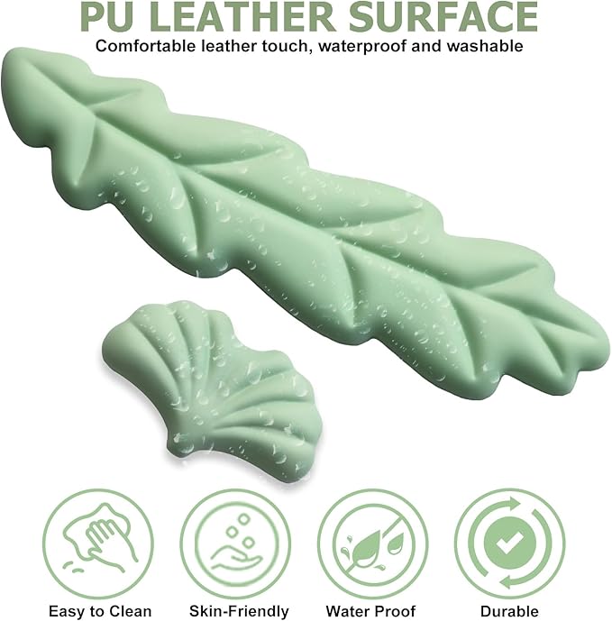 Ergonomic Keyboard Wrist Rest, Leaf Shape PU Leather Memory Foam Wrist Support for Computer Keyboard, Keyboard Pad and Cute Mouse Wrist Pad for Gaming,Office,Computer,Typing Pain Relief, Pastel Green