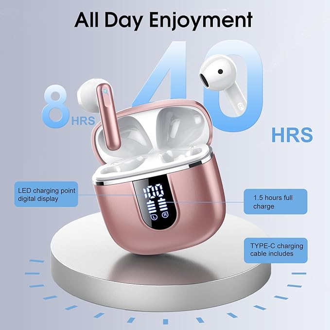 Wireless Earbuds, Bluetooth 5.4 Headphones with 3D Bass Stereo, 40H In-Ear Buds with 4 ENC Noise Cancelling Mic, Ultralight Bluetooth Earbuds USB-C LED, IP7 Waterproof Earphones for Android iOS, Rose