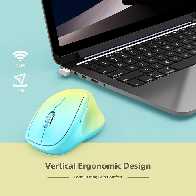 Ergonomic Wireless Mouse with USB Receiver for PC Computer, Laptop and Desktop, Ergo Mouse Vertical with Silent Clicks Long Battery Life, Up to 1600 DPI & 1 AA Battery Powered, YellowBlue