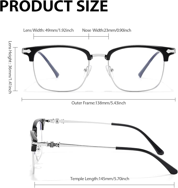 IGnaef Unisex Retro Blue Light Blocking Glasses Trendy Semi-Rimless Anti Eyestrain & UV Glare for Gaming & Reading