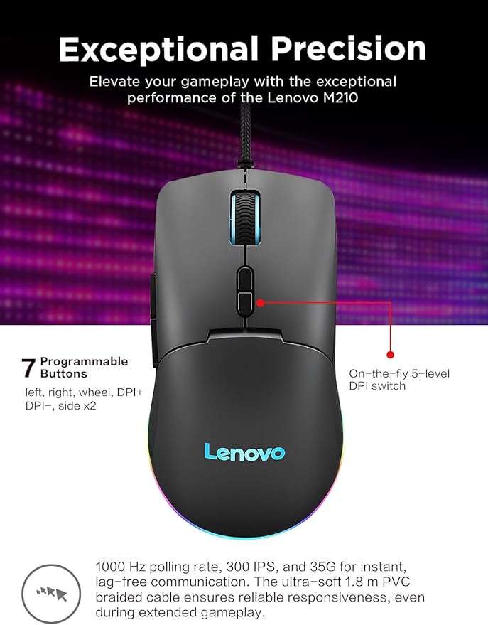 Lenovo M210 RGB Wired Gaming Mouse for PC, Laptop, Computer with Windows & Chrome OS - 3 Zone RGB, 8000 DPI Adjustable Sensor, 7 Programmable Buttons ?€? Palm Grip Mouse for Gamers (Black)