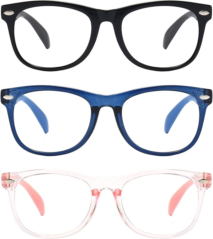 FANNYGO Kids Blue Light Blocking Glasses 3 Pack Fanngo Kids Computer Reading Glasses for Boys And Girls Age 3-9 (Black + Dark blue + Light powder)