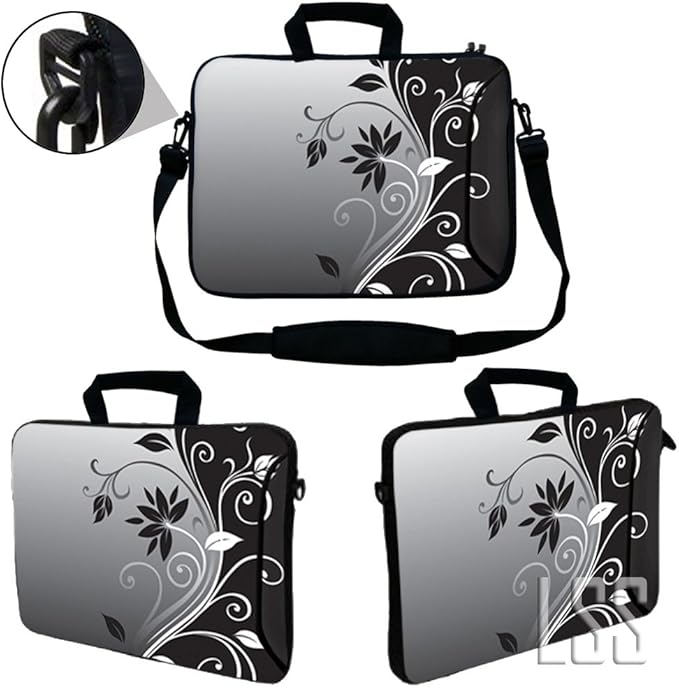 LSS 13.3 inch Laptop Sleeve Bag Carrying Case Pouch w/Handle & Adjustable Shoulder Strap,Gray Black Swirl Floral