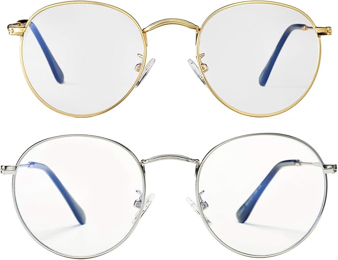 HJSTES Round Blue Light Glasses for Women Men Retro Circle Clear Lens Metal Frame Eyeglasses