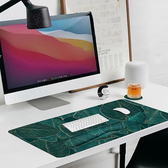 Ergonomic Large Mouse Pad and Keyboard Wrist Rest, Desk Pad for Keyboard and Mouse, 4-in-1 Large Gaming Mouse Pad with Wrist Support for Home Office Study Game-Green Leaves