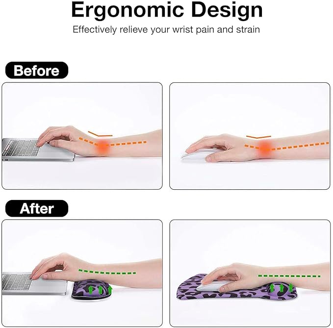 MOSISO Wrist Rest Support for Mouse Pad&Keyboard Set, Leopard Grain Ergonomic Mousepad&Coaster Non-Slip Base Home/Office Pain Relief&Easy Typing Cushion with Neoprene Cloth&Raised Memory Foam, Purple