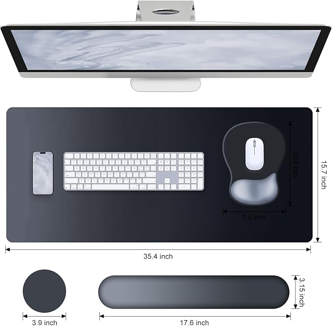 4-in-1 Large Gaming Mouse Pad, Keyboard Wrist Rest Pad & Wrist Support Mousepad Set, Extended Desk Pad Waterproof Desk Mat Protector for Home Office Decor Study Game 35.4×15.7 Inches Big I Black