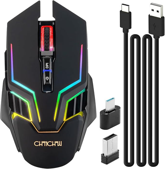 CHONCHOW Wireless Gaming Mouse for PC, RGB Backlit, 12 Light Modes, 2.4G Receiver/USB-C, Up to 3200 DPI, Rechargeable Wireless Computer Mice with 58inch Charge Cable for Laptop/Windows/PS4 Gamer-Black