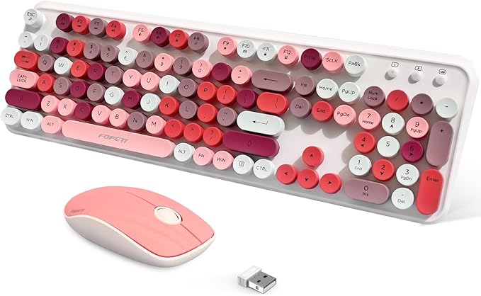 FOPETT 2.4GHz Wireless Keyboard and Mouse Set with Switch Button - Full-Size Keyboard - Compatible for Windows/Laptop/PC/Notebook/Smart TV and More - White Colorful