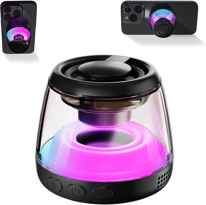 Magnetic Bluetooth Speaker,Wireless Induction Bluetooth Speaker,Mini Portable Cell Phone Stand for iPhone, Lanyard & RGB Night Light,or Home,Outdoors,Pool,Gift (Black-1PCS)