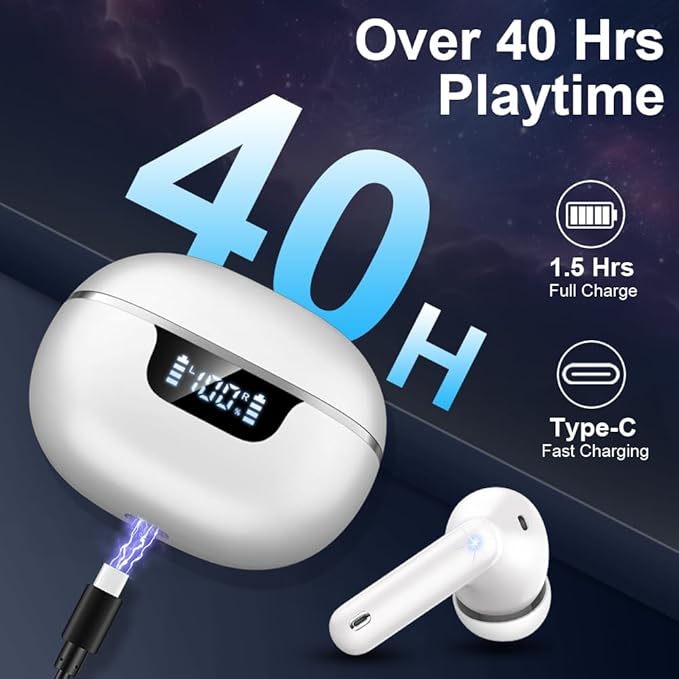 Wireless Earbuds Bluetooth Headphones Noise Cancelling, Bluetooth 5.4 Ear bud with Dynamic Drivers Stereo, 40H Playtime Sports Earphones Wireless Waterproof with LED Power Display for Laptop Pad Phone