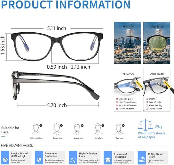 K KENZHOU Blue Light Glasses for Woman Men Bluelight Blocking Glasses for Computer Gaming Phones,Anti Eye Strain & UV Glare
