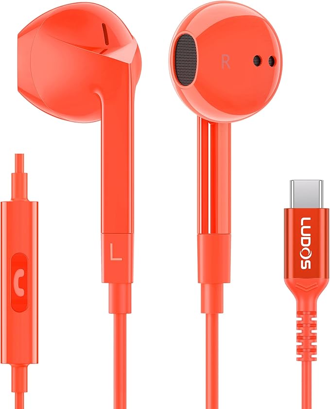 LUDOS FEROX USB C Headphones for iPhone 17 16 15 Pro Max Plus Air iPad Pro, 5 Years Warranty, USB-C Earbuds for Samsung Galaxy S24 S23 Ultra S22 S21 FE S20 Z Flip 3 Fold 4 A53, USB Type C Earphones