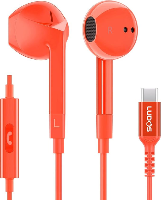 LUDOS FEROX USB C Headphones for iPhone 17 16 15 Pro Max Plus Air iPad Pro, 5 Years Warranty, USB-C Earbuds for Samsung Galaxy S24 S23 Ultra S22 S21 FE S20 Z Flip 3 Fold 4 A53, USB Type C Earphones