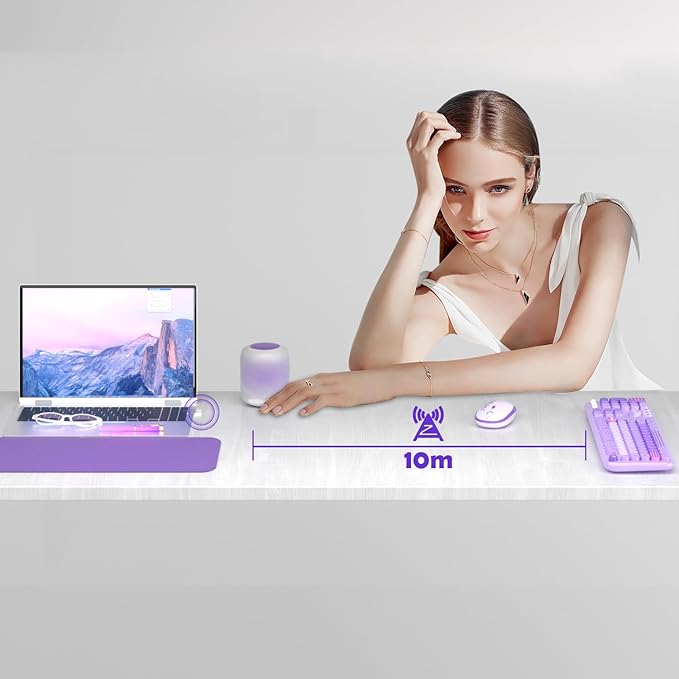 MOFII Keyboard and Mouse Wireless, 104 Round Keys Lovely Full-Size Cute Colorful Keyboard and Mouse with Retro Typewriter for PC/Mac/Laptop/Tablet/Computer/Windows Purple