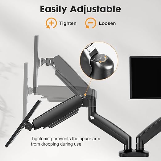 DUMOS Dual Monitor Mount for Desk, Gas Spring Monitor Arm for 2 Monitors Max 32 Inches, Fully Adjustable Double Monitor Mount, VESA Mount with C-Clamp/Grommet Base, Holds Screen 17.6 lbs