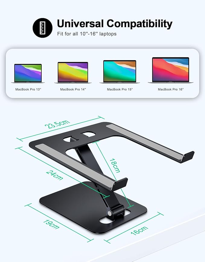 RIWUCT Foldable Laptop Stand, Height Adjustable Ergonomic Computer Stand for Desk, Aluminum Portable Laptop Riser Holder Notebook Mount Compatible with MacBook Pro Air, HP, Dell 10-16"(Black)