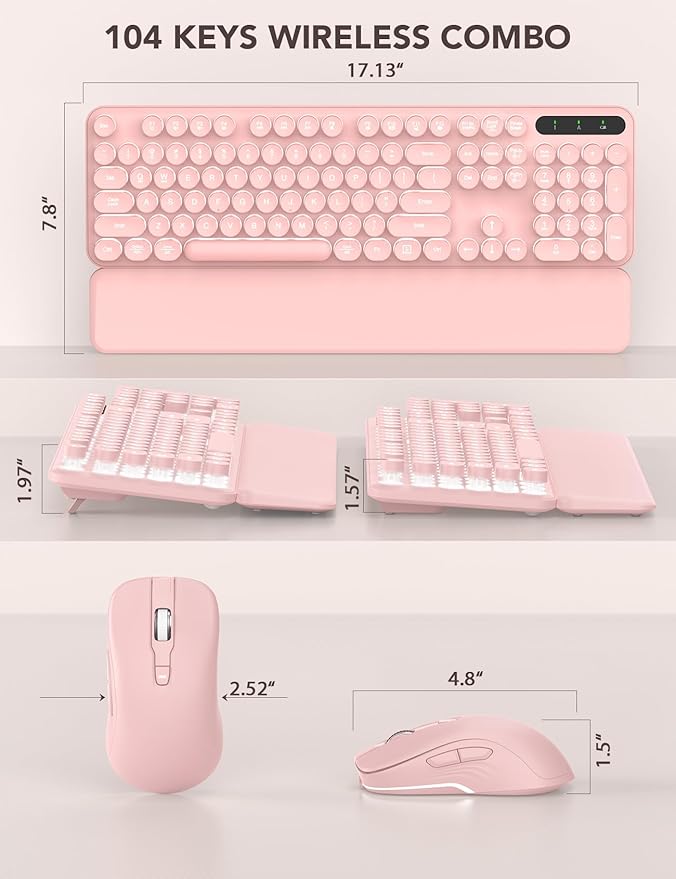 Wireless Keyboard and Mouse Backlit - Typewriter Keyboard with Retro Round Keycaps, Detachable Wrist Rest, Light Up Letters, 2.4G Rechargeable Combo for Mac, Windows, PC, Laptop, Trueque (Pink)