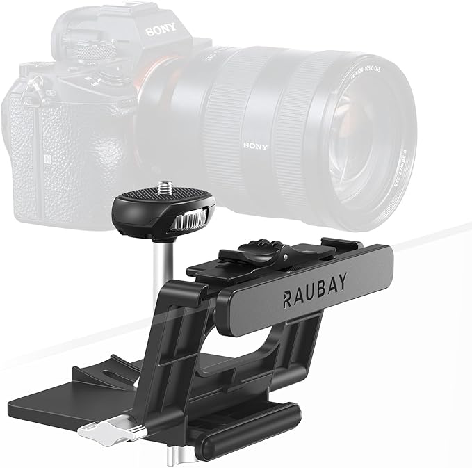 RAUBAY 【Upgraded】 Monitor Camera Mount Stand, Hanging Webcam Clamp with 1/4" Screw, MILC Monitor Top Support for Live Stream, etc. Compatible with Curved Monitors, Maximum Width up to 1.4" CM02