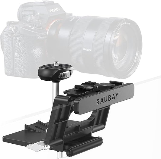 RAUBAY 【Upgraded】 Monitor Camera Mount Stand, Hanging Webcam Clamp with 1/4" Screw, MILC Monitor Top Support for Live Stream, etc. Compatible with Curved Monitors, Maximum Width up to 1.4" CM02