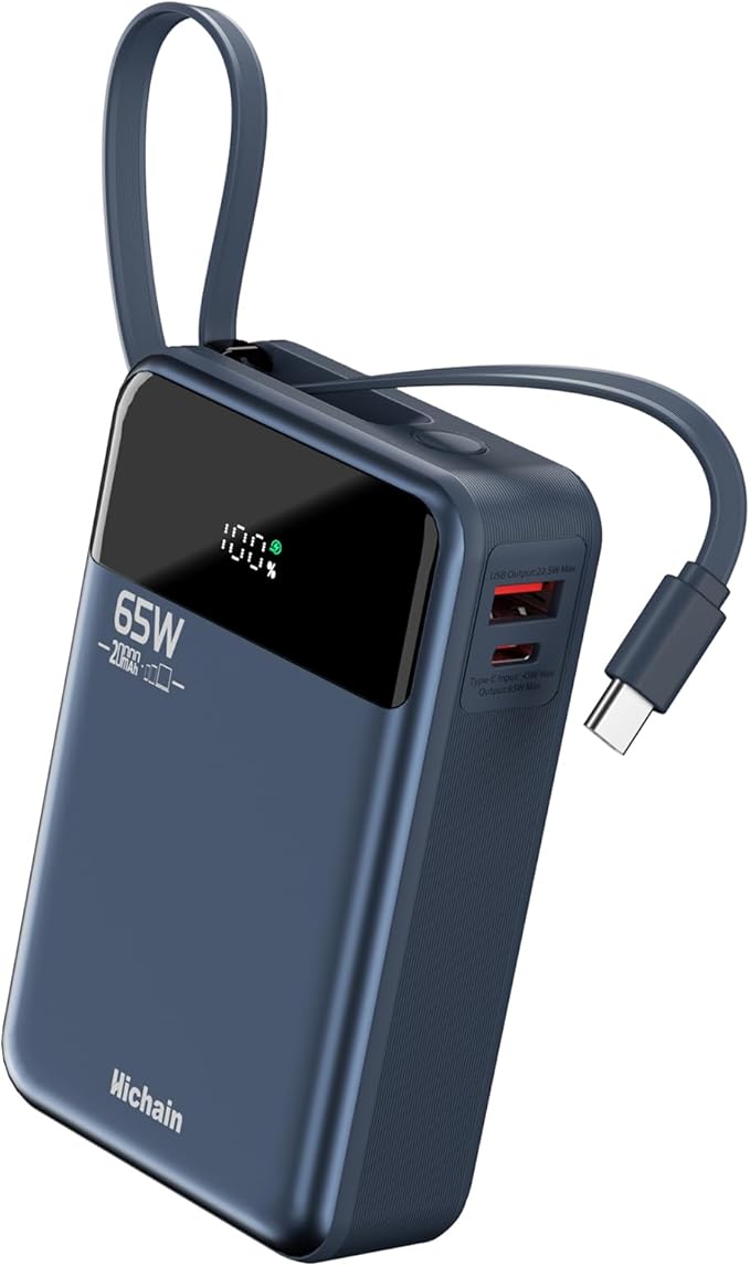 Hichain Laptop Power Bank 65W Laptop Portable Charger 20000mAh Battery Pack Fast Charging with USB C Cable, Phone Charger for iPhone 17/16/15/14/13 All Series/Samsung/Android, Camping Essential, Blue