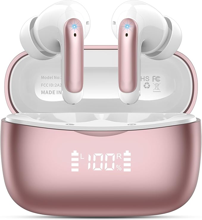 Wireless Earbuds, Bluetooth 5.3 Headphones Stereo Deep Bass with LED Display, 56H Playtime with Noise Cancelling Mic, IPX7 Waterproof in Ear Earbuds, for laptops/tablets/mobile phones/sports, Rose