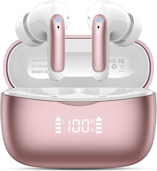 Wireless Earbuds, Bluetooth 5.3 Headphones Stereo Deep Bass with LED Display, 56H Playtime with Noise Cancelling Mic, IPX7 Waterproof in Ear Earbuds, for laptops/tablets/mobile phones/sports, Rose