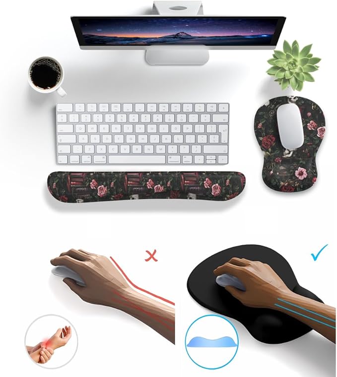 Gothic Skull Rose Ergonomic Mouse Pad with Wrist Rest & Keyboard Wrist Support Set - Non-Slip Gaming Office Desk Mat, Comfortable Memory Foam Cushion for Computer/Laptop Users, Home Office Workers