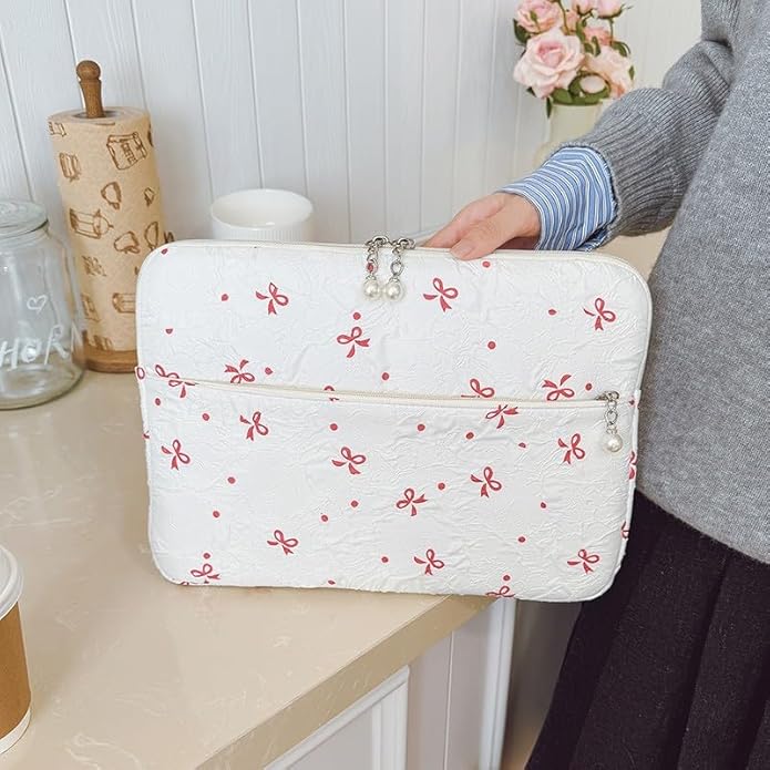 Coquette Laptop Sleeve, Slim 13-16 Inch Cute Laptop Case, Aesthetic Computer Bag with Bow-Dot Print for Mac