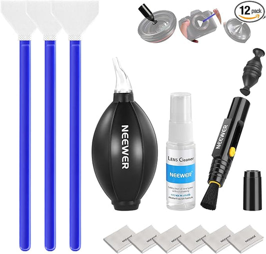 NEEWER 12 in 1 Camera Lens Cleaning Kit for Electronics, Phones, Tablets, 1x Lens Brush Pen + 1x Air Blower + 1x Cleaner Spray + 3X 24mm Full Frame Sensor Swab + 6X Cleaning Cloth, HM-49 by Neewer