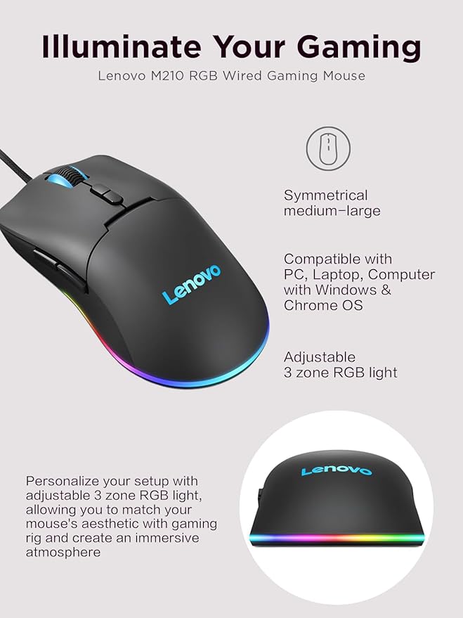 Lenovo M210 RGB Wired Gaming Mouse for PC, Laptop, Computer with Windows & Chrome OS - 3 Zone RGB, 8000 DPI Adjustable Sensor, 7 Programmable Buttons ?€? Palm Grip Mouse for Gamers (Black)