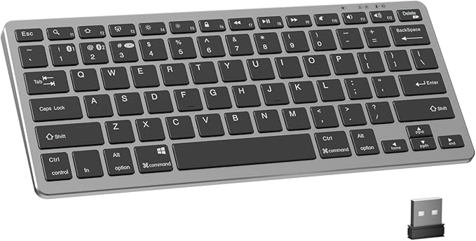 kenke Wireless Keyboard, 2.4GHz / Bluetooth 1.0/2.0 Wireless Keyboard, Low Profile & Lightweight, 78 Key, Fluid Precise Quiet Typing, Supports Bluetooth Connection, USB Rechargeable, Silvery Black