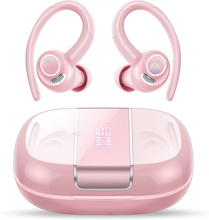 Wireless Earbuds Bluetooth 5.3 Headphones Sports, 48H Over Ear Buds with ENC Mic, Stereo Deep Bass Bluetooth Earbuds with Secure Earhooks, LED Display, IPX7 Waterproof Earphone for Running/Gym Rose